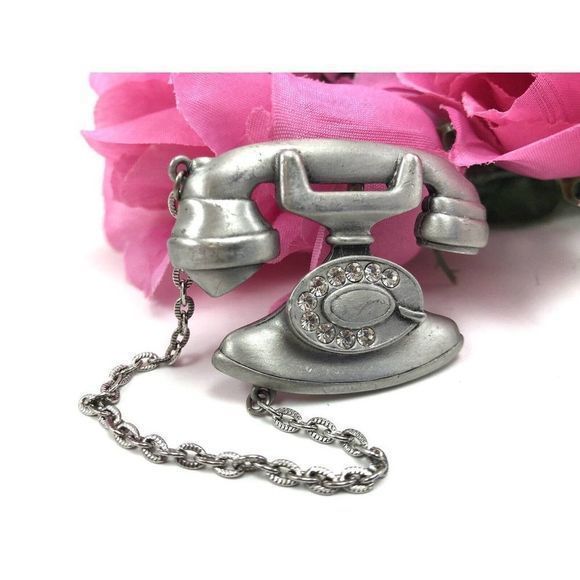 Vintage JJ Jonette Telephone Brooch Rotary Dial‎ Phone Pewter and Rhinestone Pin - Picture 2 of 10